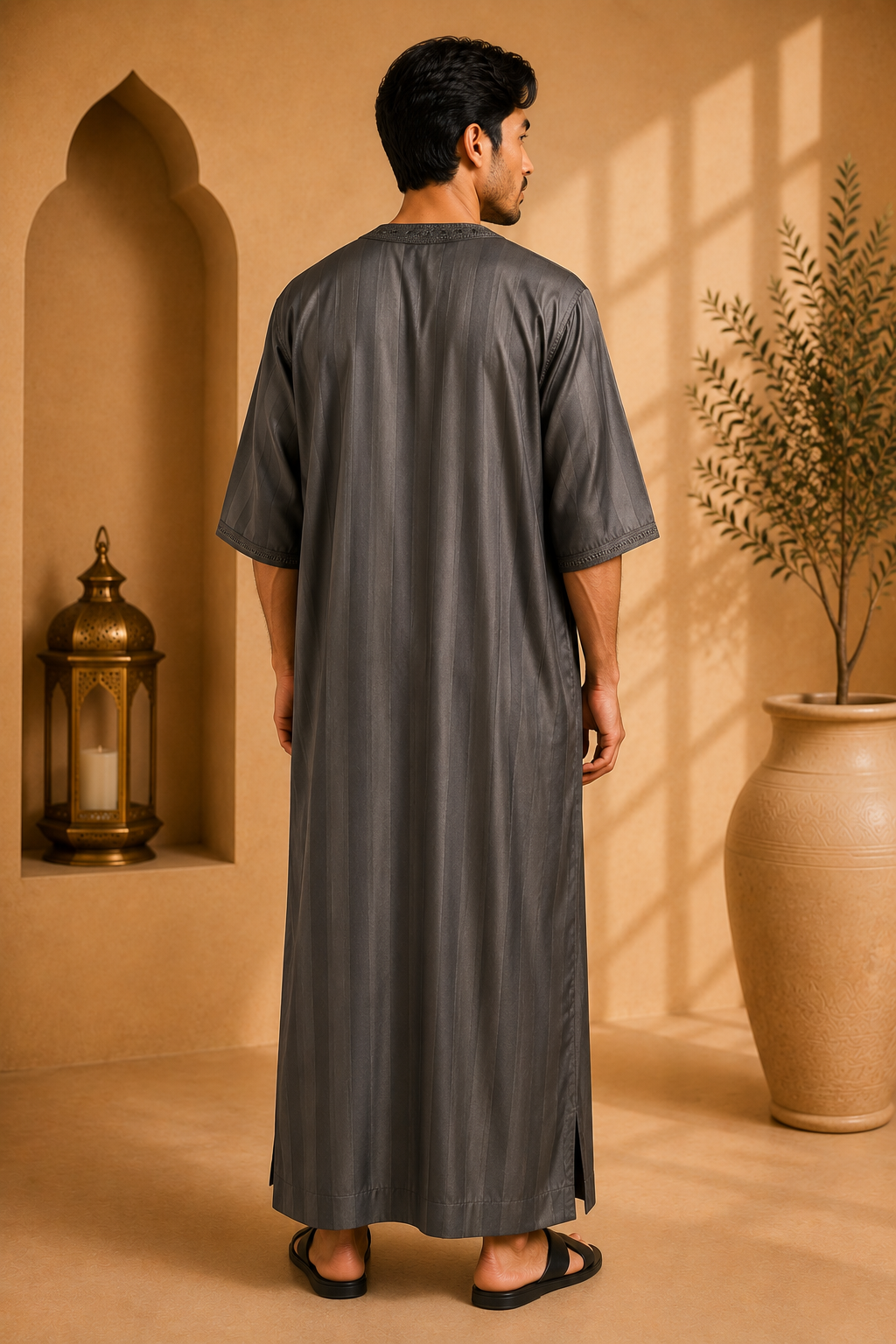 Platinum Moroccan Gandoura Jawhara Striped | Charcoal Gray