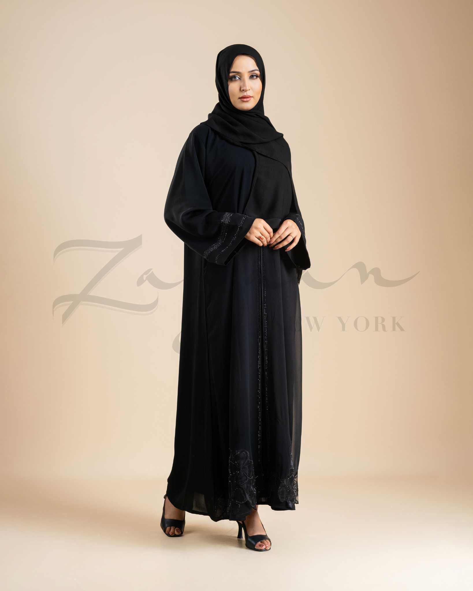 Floral Stone & Fancy Embred Lace Abaya
