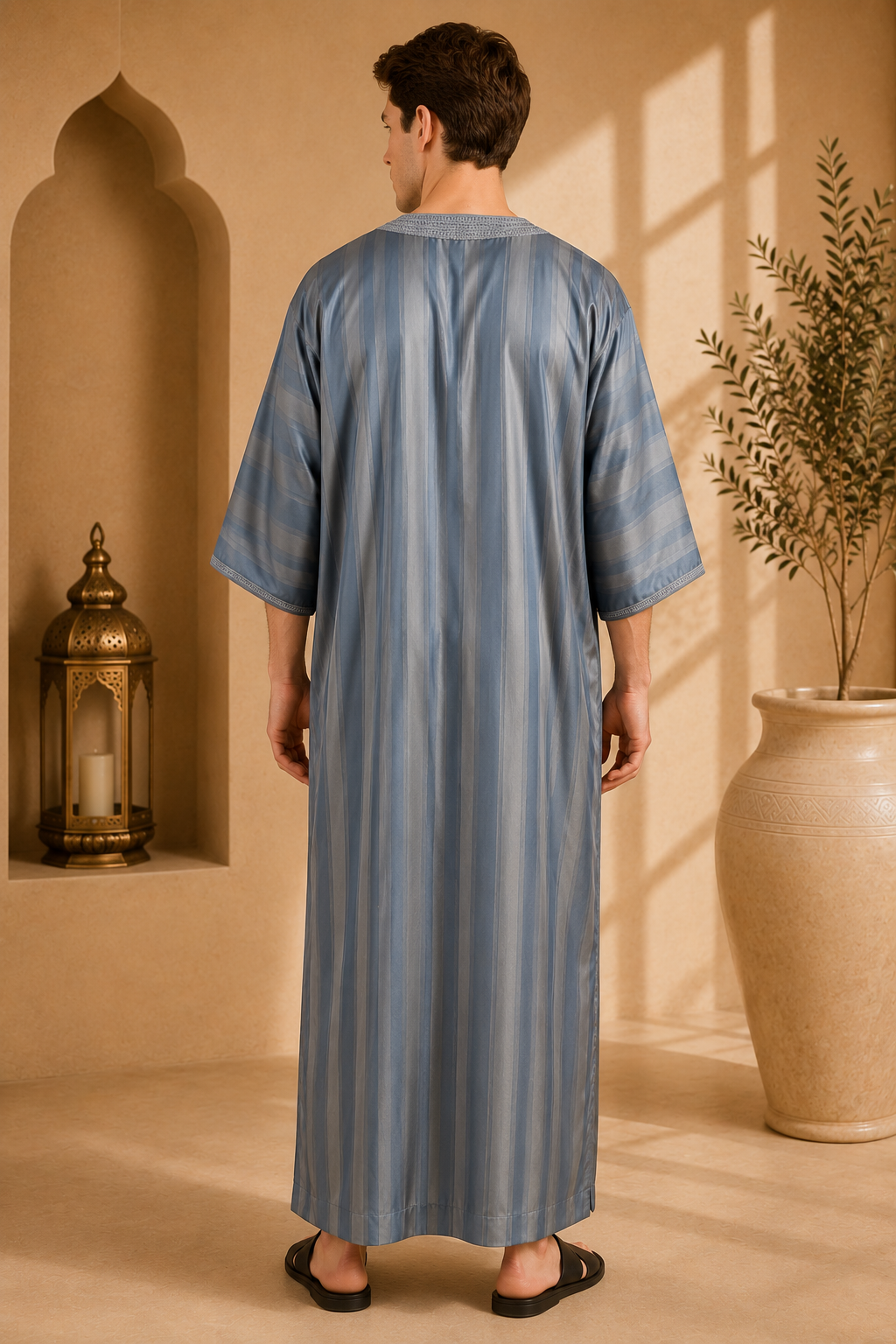 Platinum Moroccan Gandoura Jawhara Striped | Metallic Blue