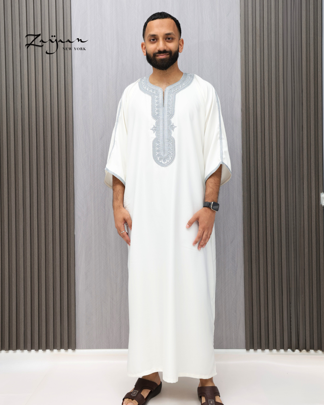 Platinum Moroccan Thobe | White & Silver