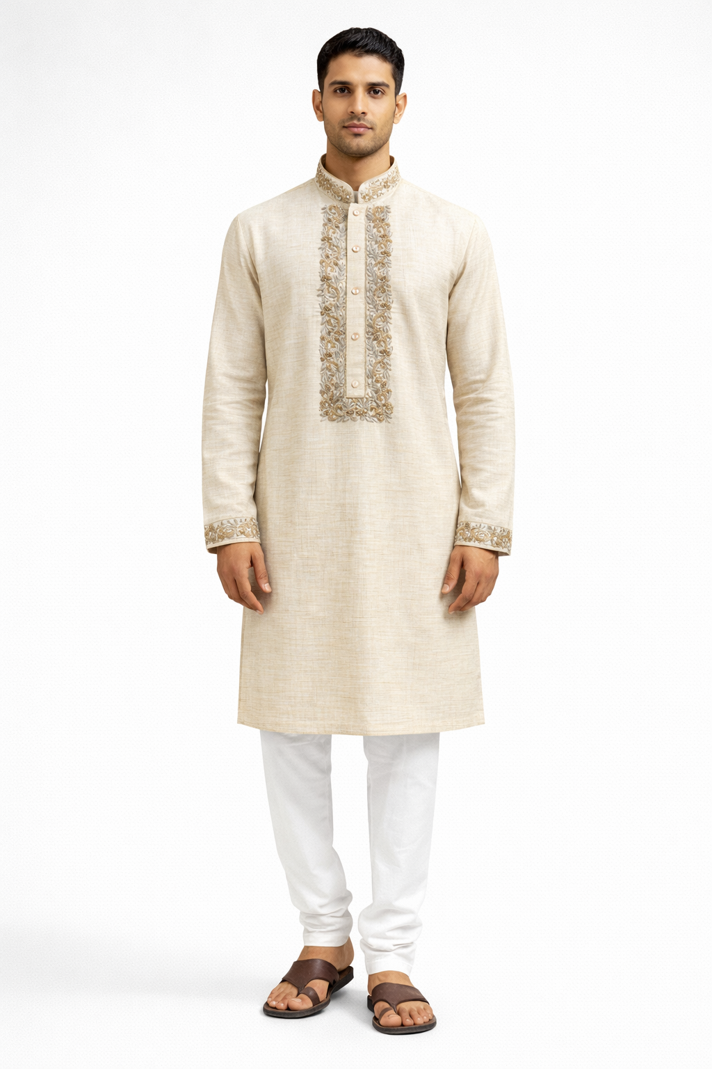 Noor-e-Zar Motka Zardosi Panjabi - Cream & Gold