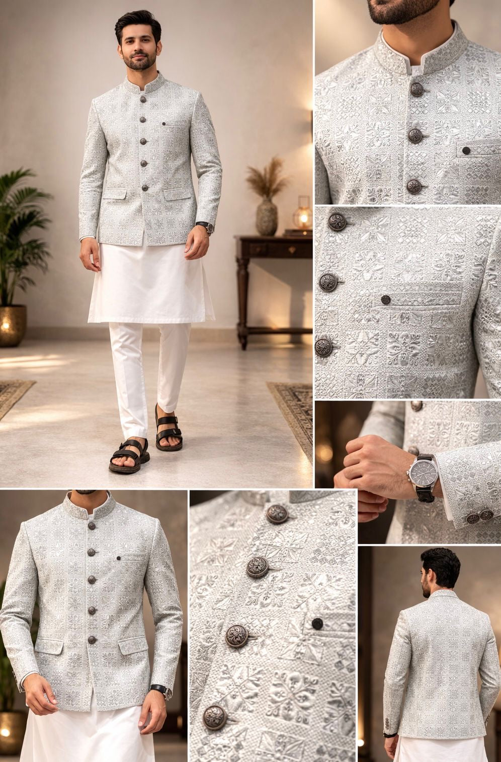 Premium Embroidered Pakistani Prince Coat| Silver Gray I Adult