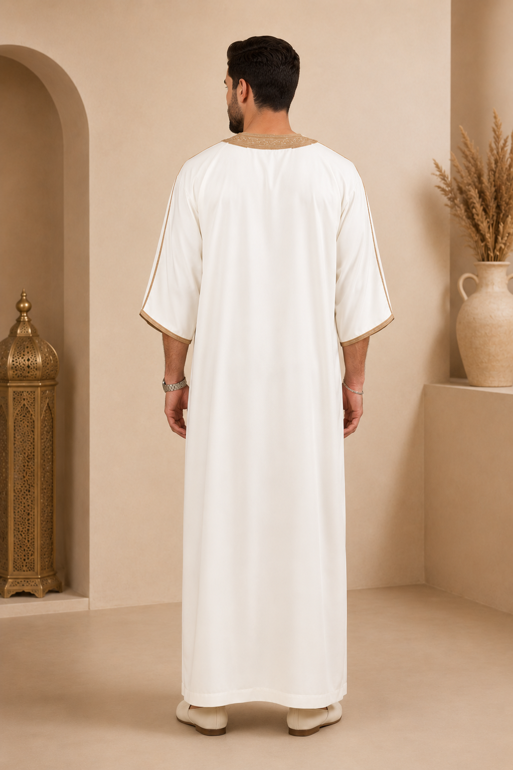 Platinum Moroccan Gandoura Double Embroidery | Cream & Beige