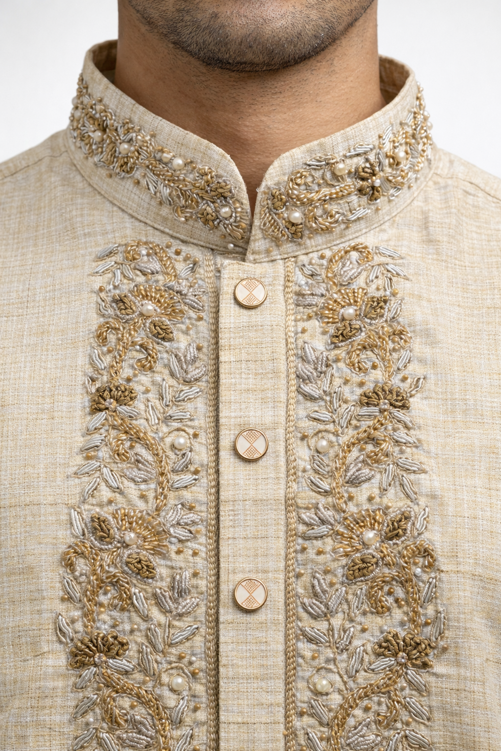 Noor-e-Zar Motka Zardosi Panjabi - Cream & Gold