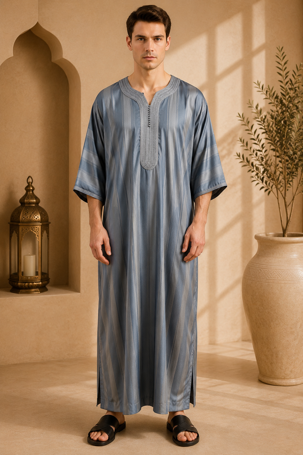 Platinum Moroccan Gandoura Jawhara Striped | Metallic Blue