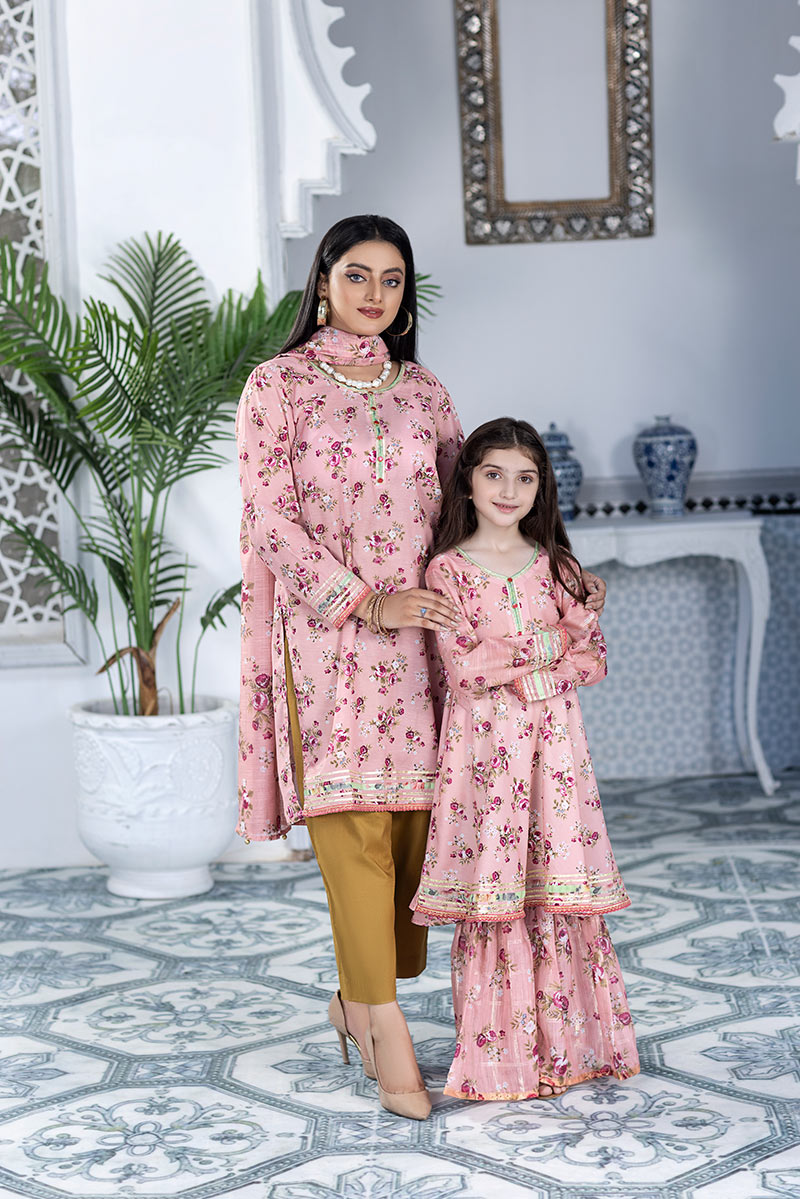 Mother Daughter Pink Floral Print Kurta with straight Shalwar & Dupatta