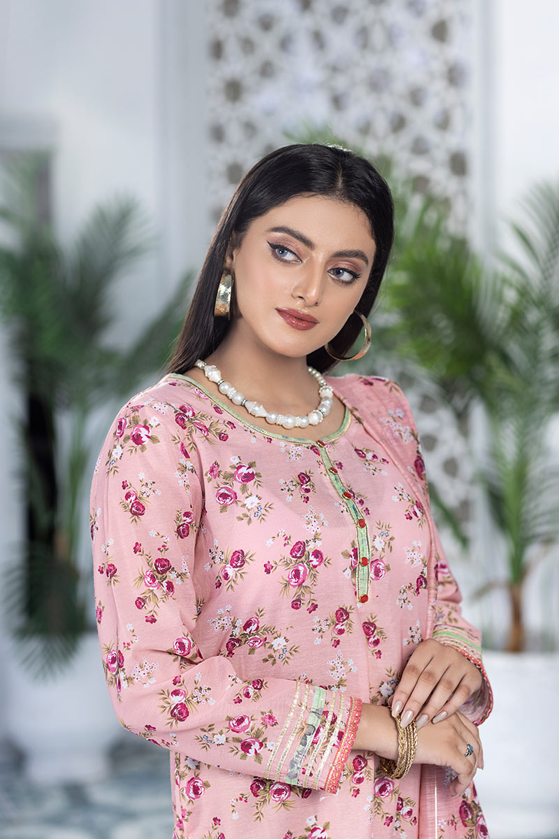 Mother Daughter Pink Floral Print Kurta with straight Shalwar & Dupatta