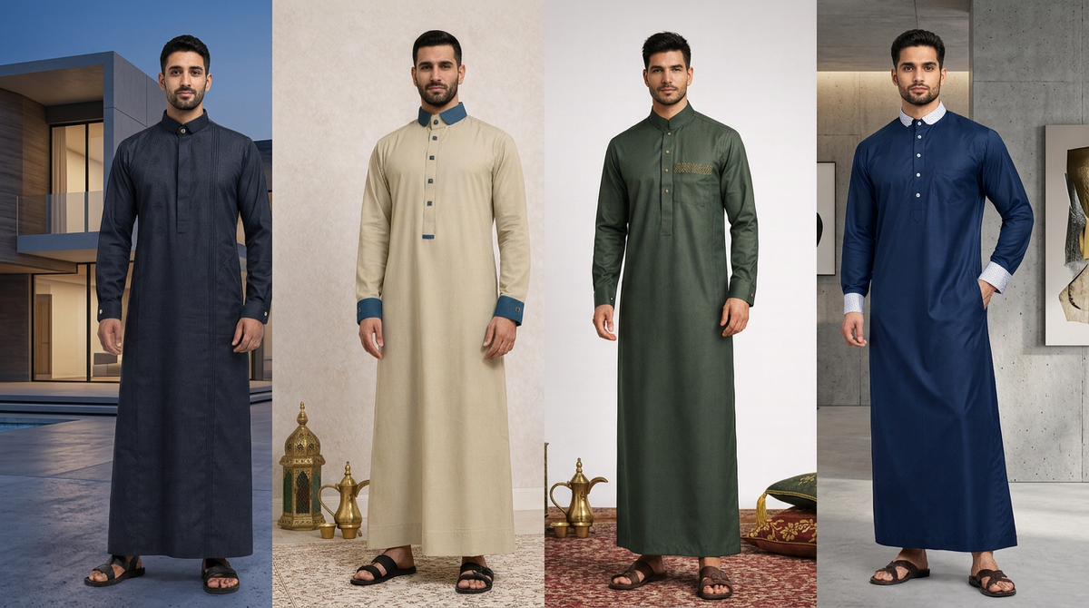 Zayaan New York designer thobes for men in navy blue, beige, forest green and royal blue