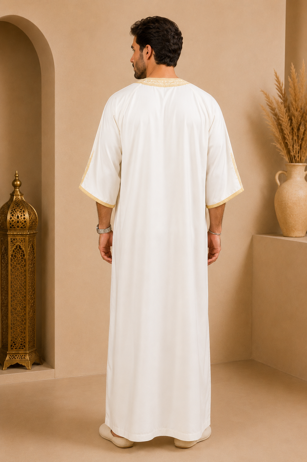 Platinum Moroccan Gandoura Double Embroidery | White & Gold
