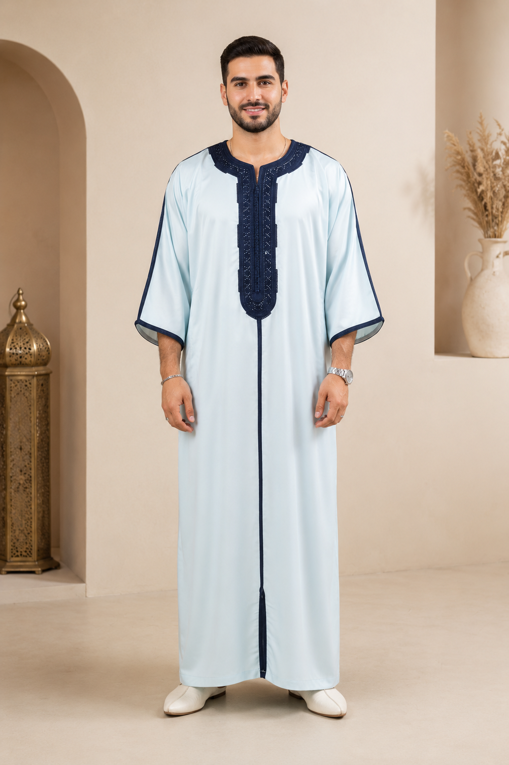 Platinum Moroccan Gandoura Double Embroidery | Light Blue & Navy