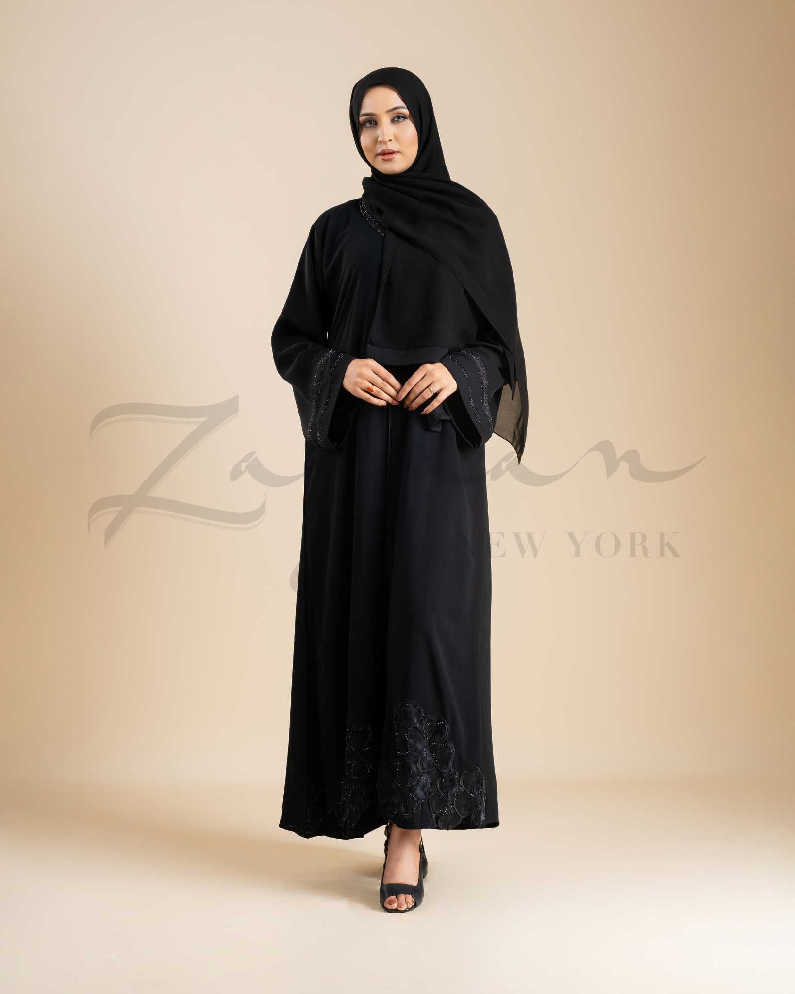 Floral Stone & Fancy Embred Lace Abaya