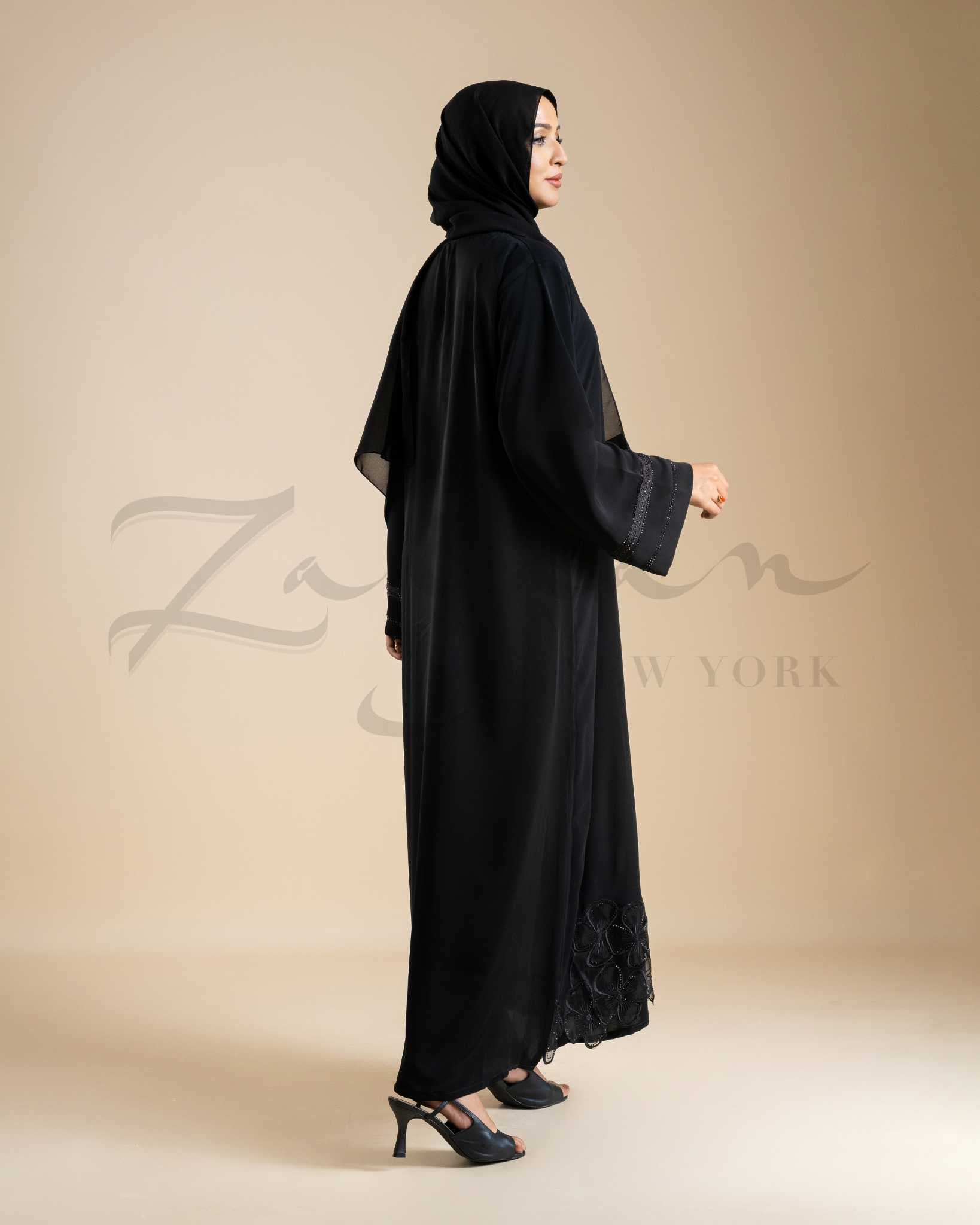 Floral Stone & Fancy Embred Lace Abaya