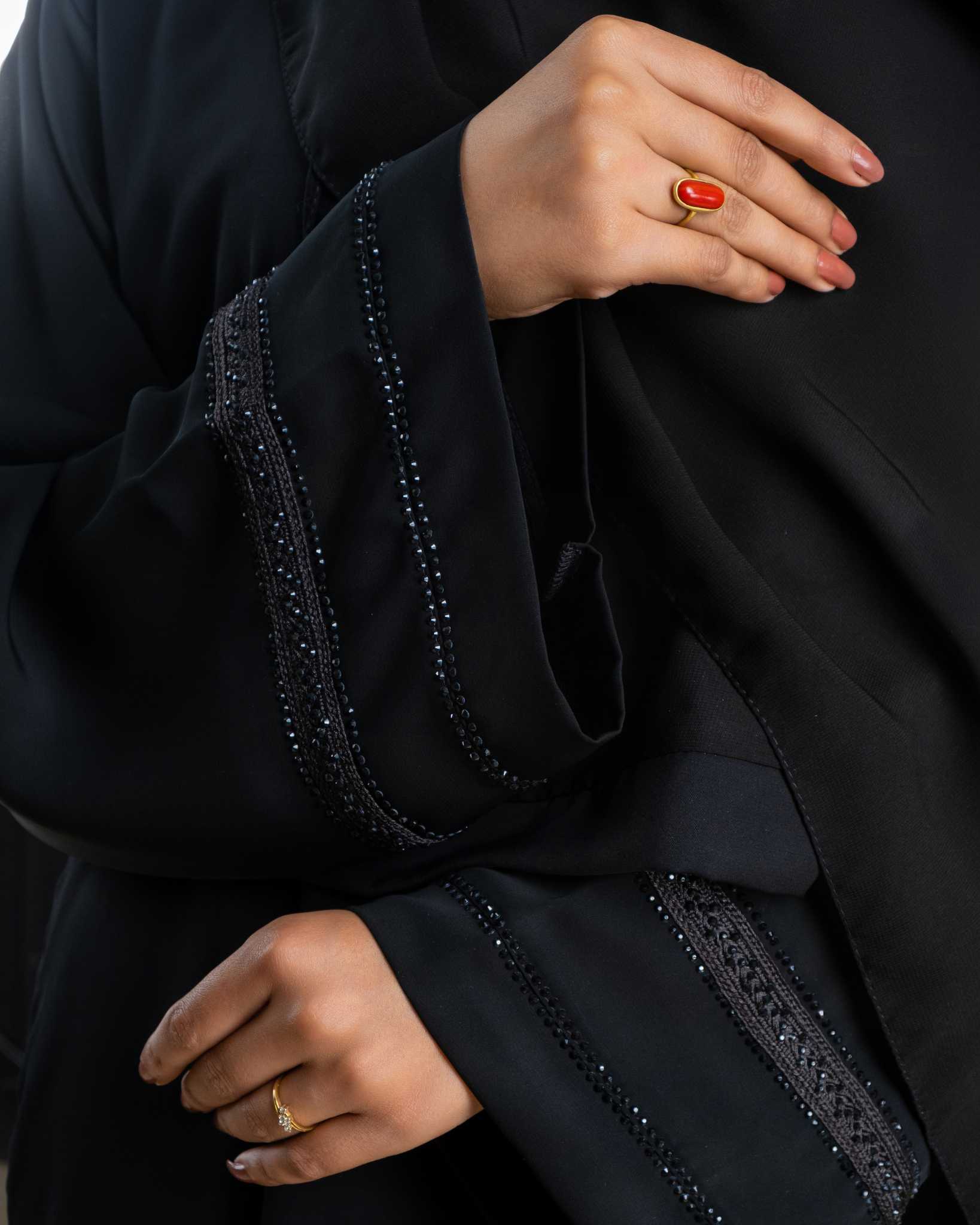 Floral Stone & Fancy Embred Lace Abaya