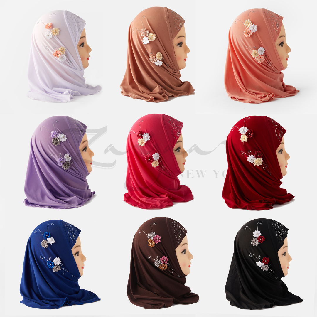 Kids Hijab w/Flower + Stone