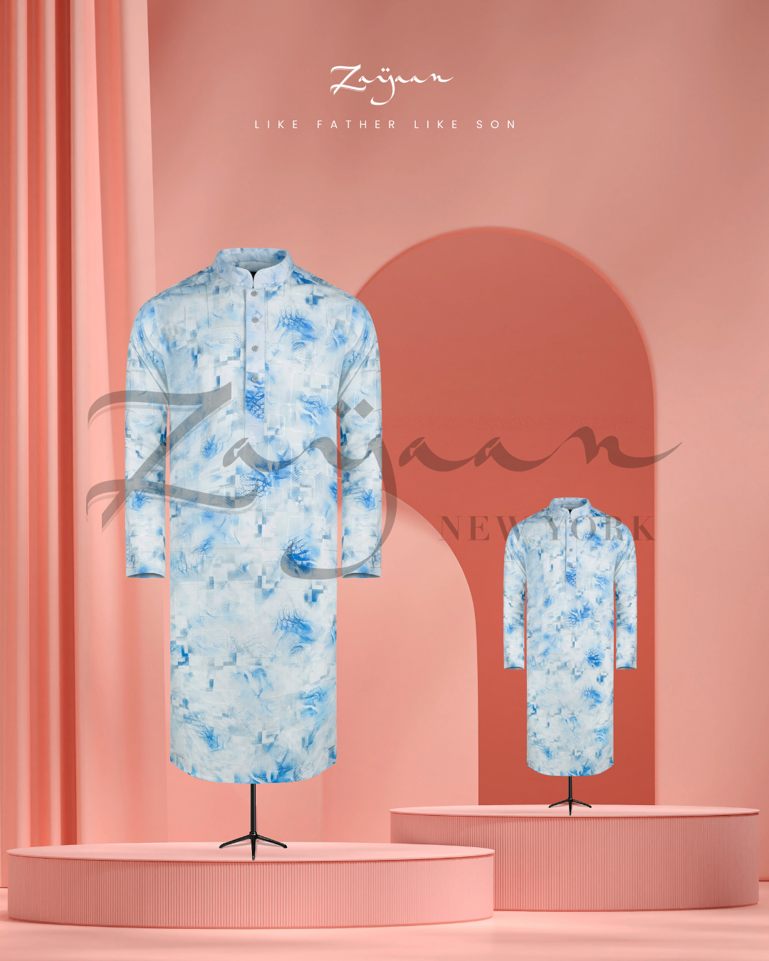 Premium Print Panjabi | Blue & White | Adult