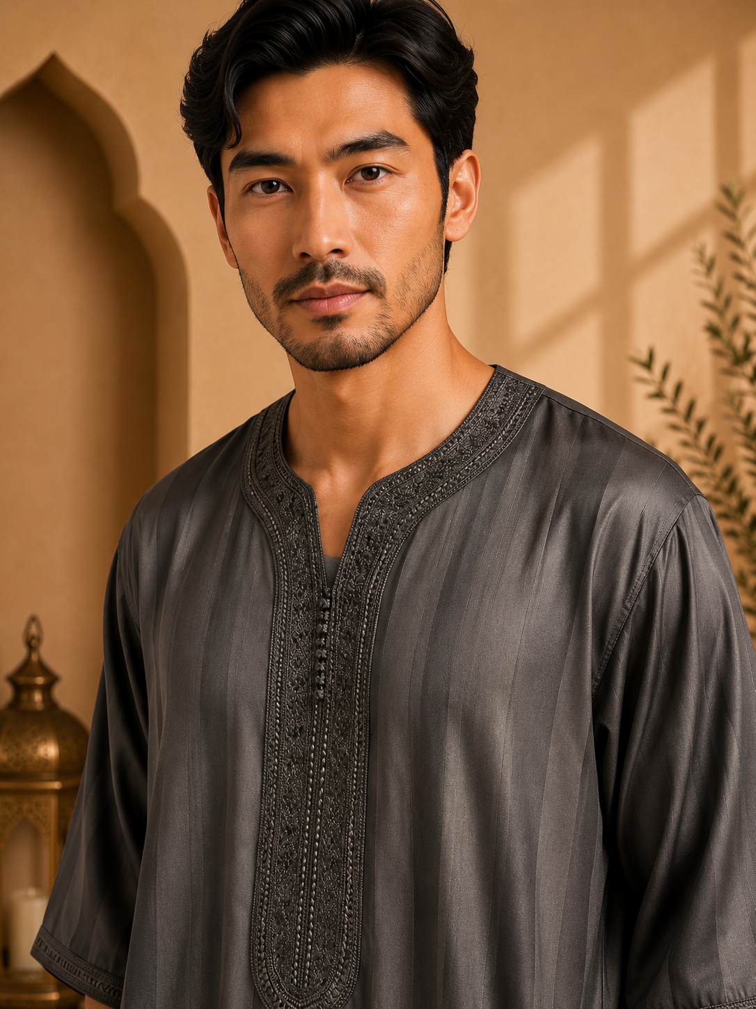 Platinum Moroccan Gandoura Jawhara Striped | Charcoal Gray