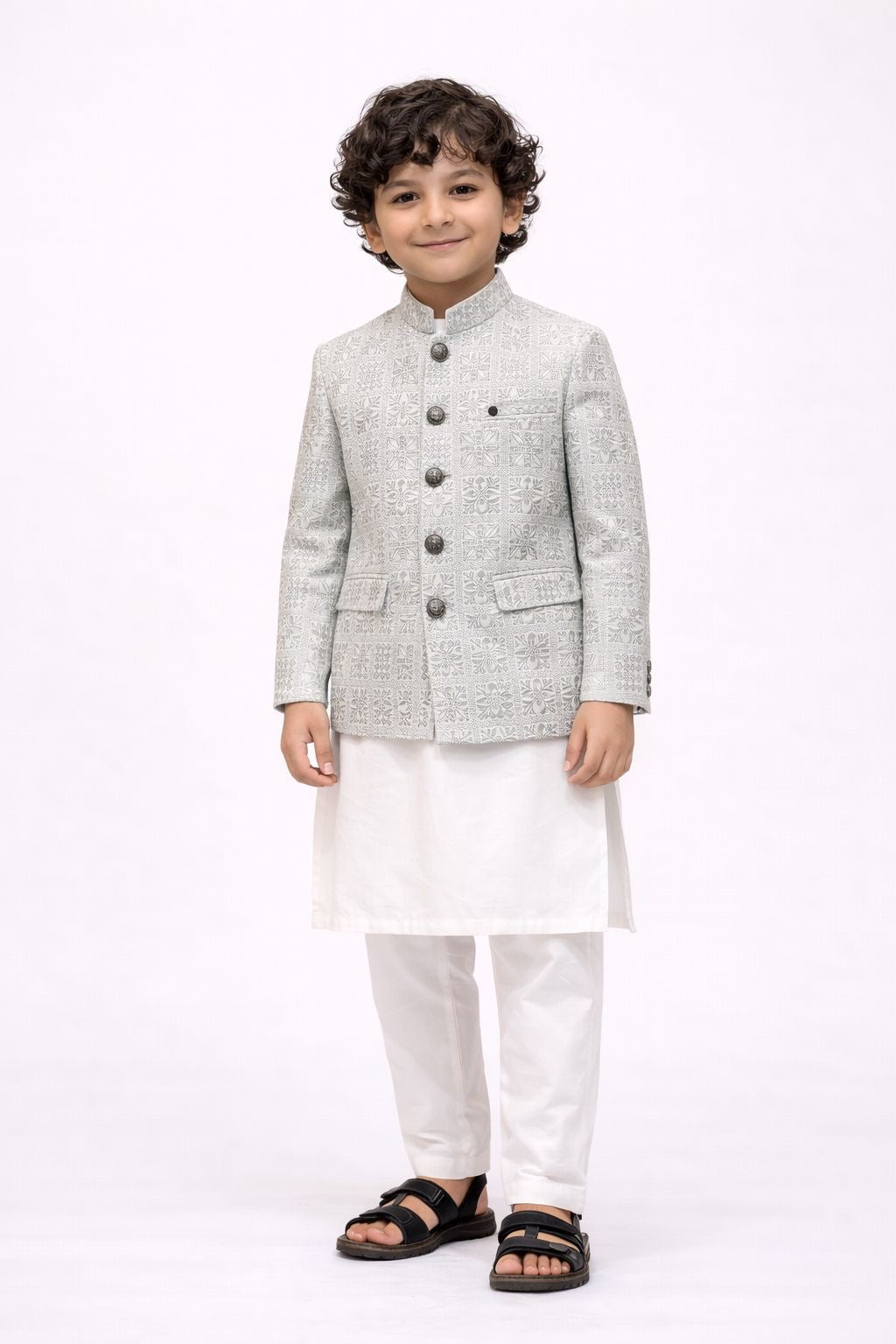 Premium Embroidered Pakistani Prince Coat| Silver Gray I Kids