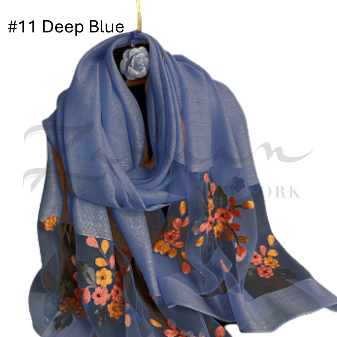 Luxury Soft Thin Silk Embroidered Organza Hijab