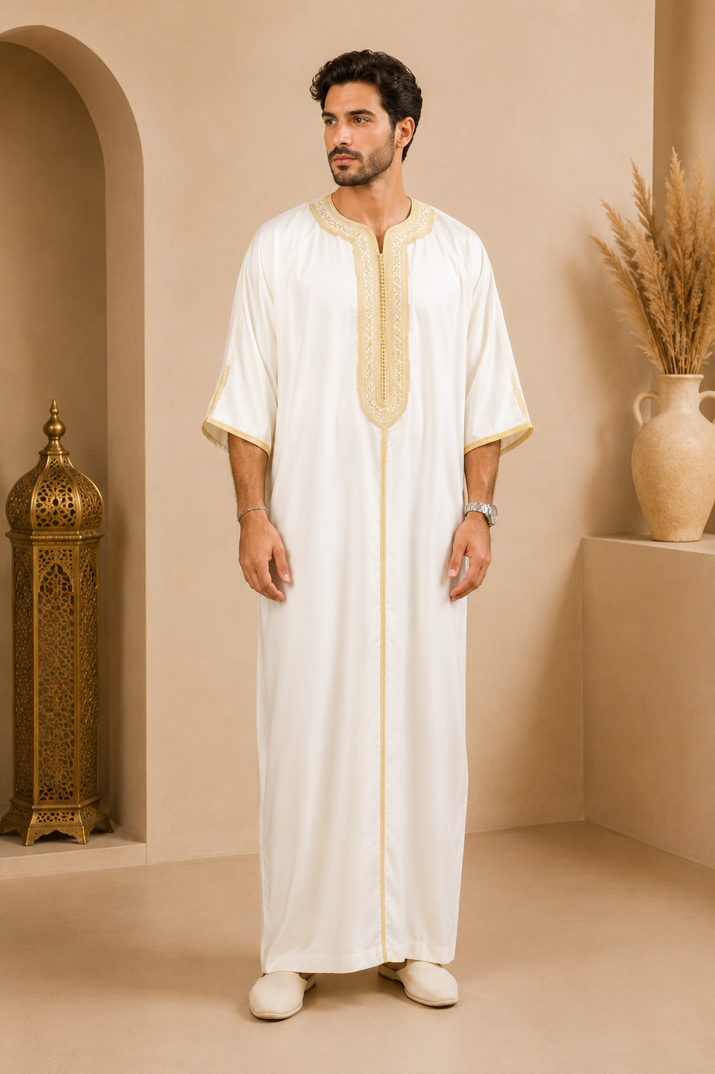 Platinum Moroccan Gandoura Double Embroidery | White & Gold