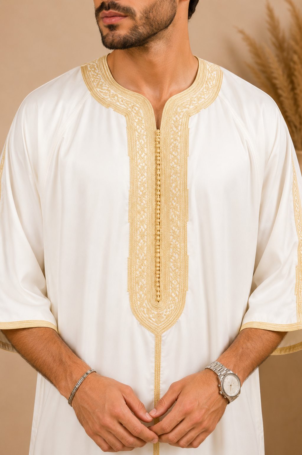 Platinum Moroccan Gandoura Double Embroidery | White & Gold
