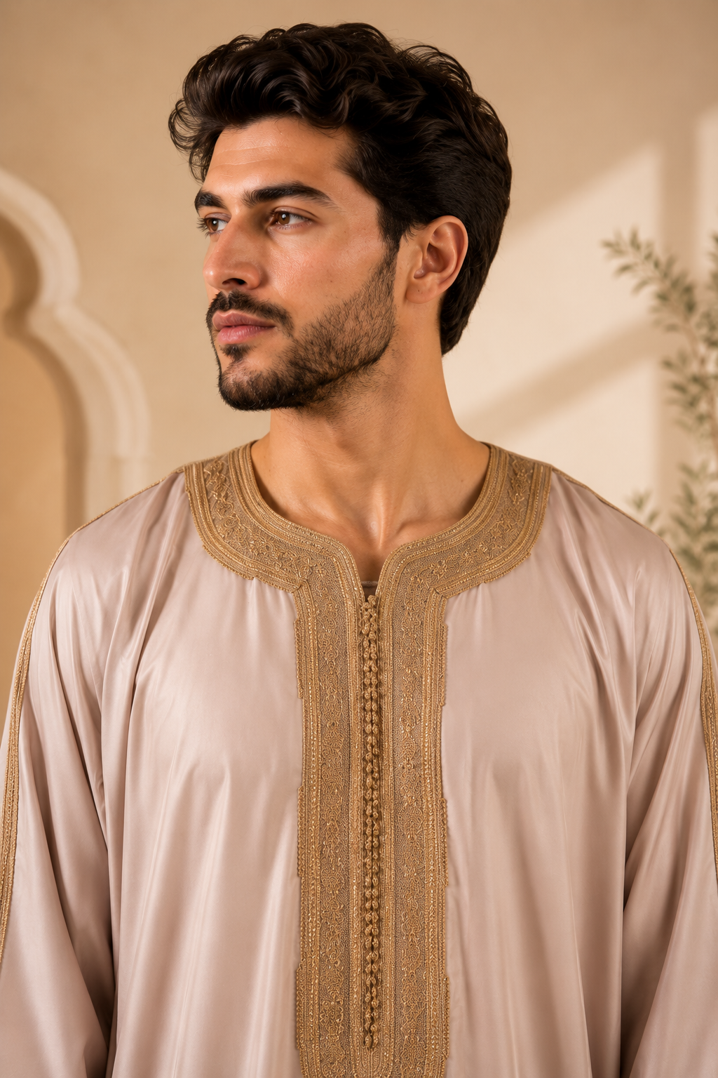 Platinum Moroccan Gandoura Double Embroidery | Champagne