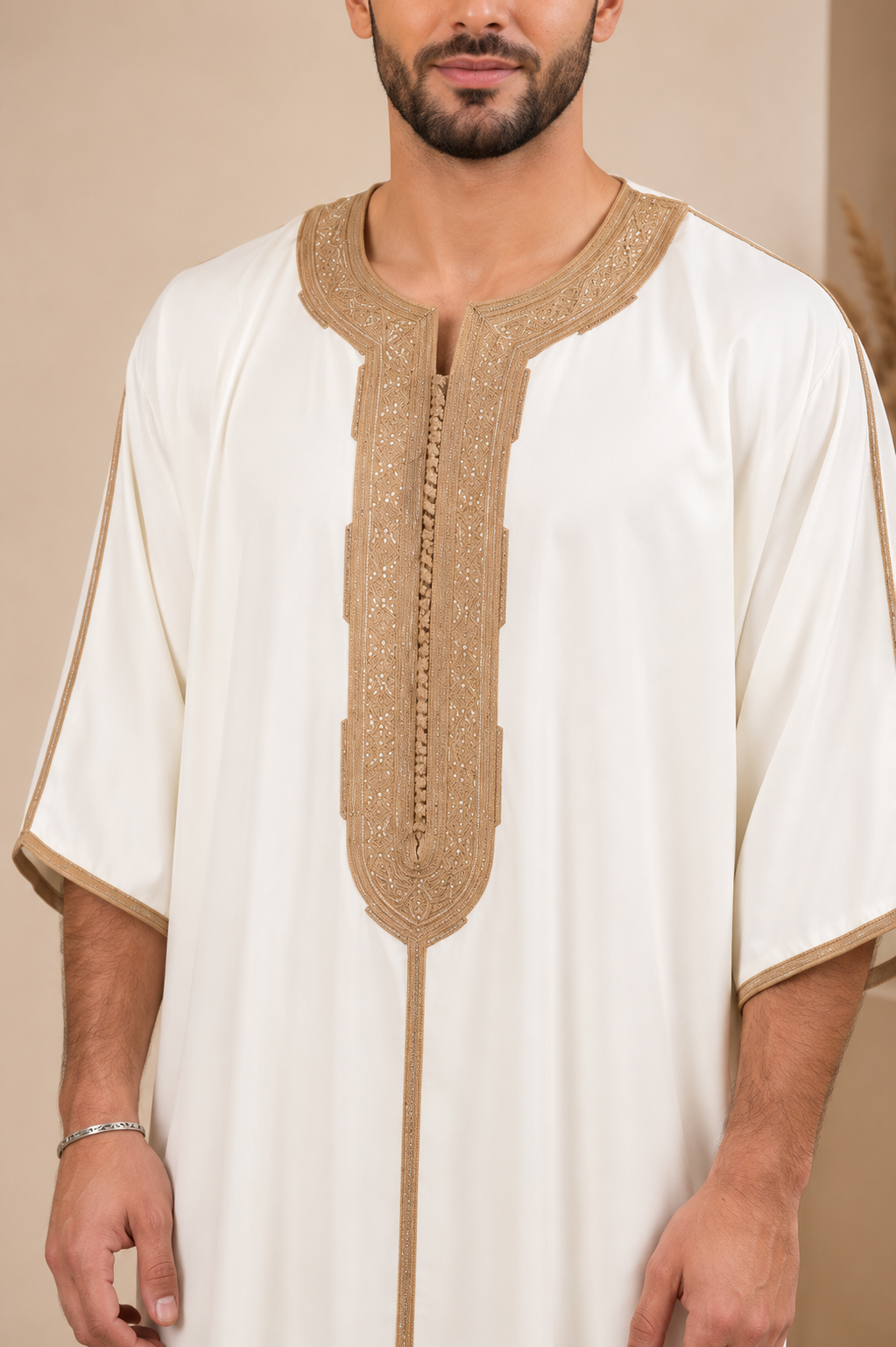 Platinum Moroccan Gandoura Double Embroidery | Cream & Beige