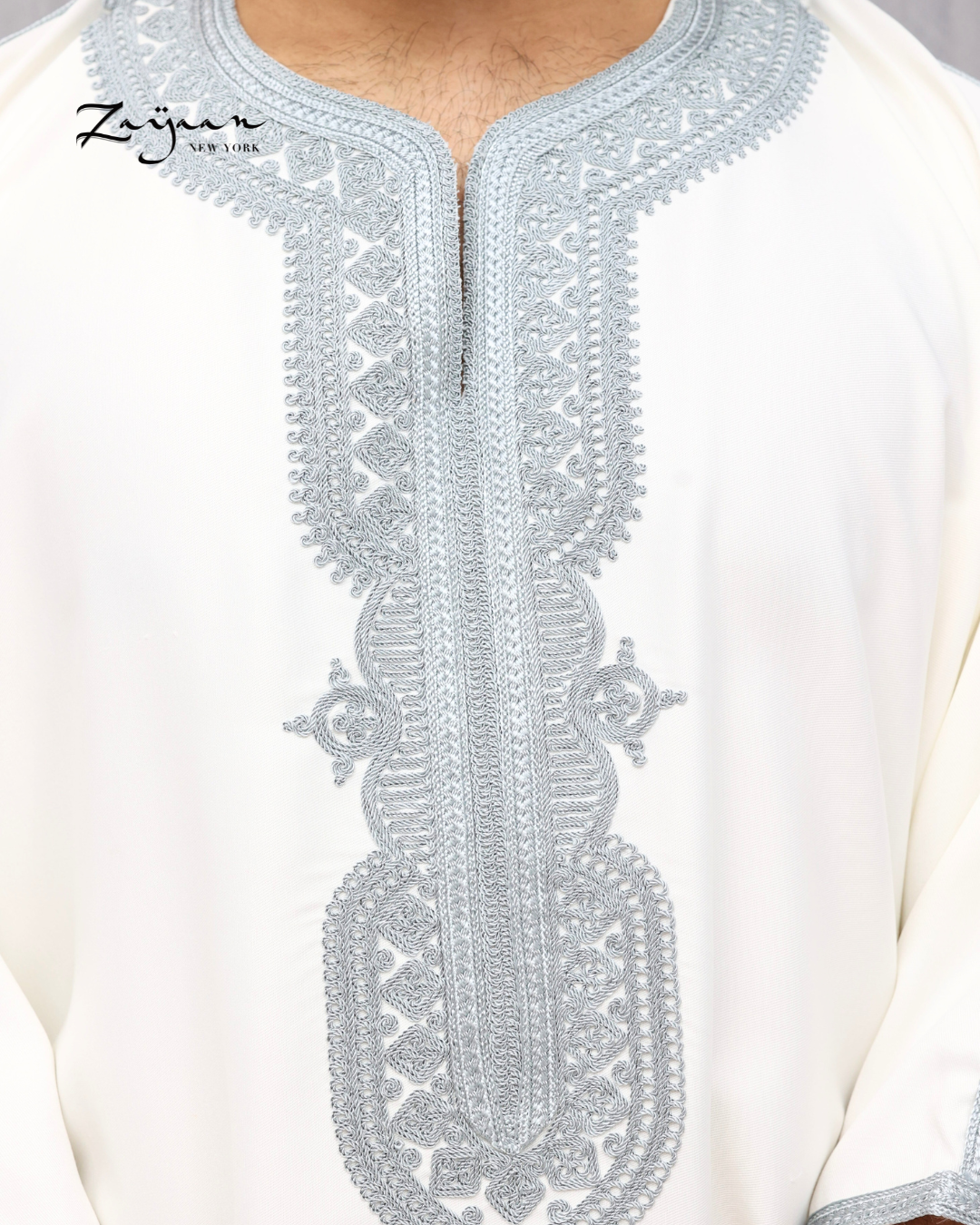 Platinum Moroccan Thobe | White & Silver