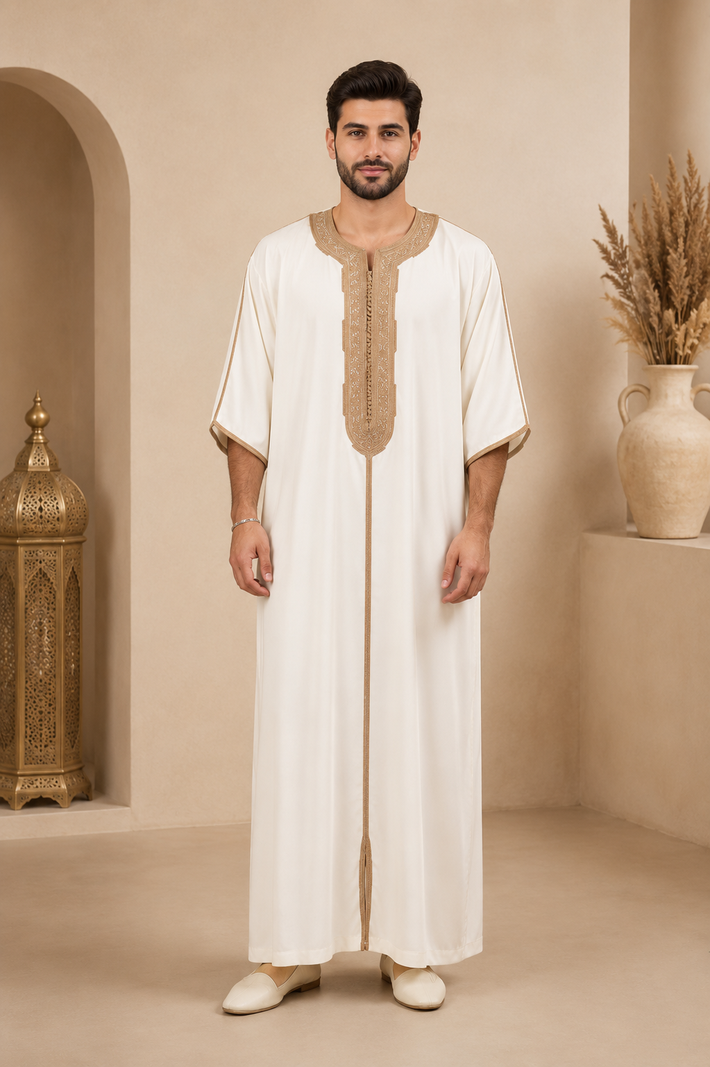 Platinum Moroccan Gandoura Double Embroidery | Cream & Beige