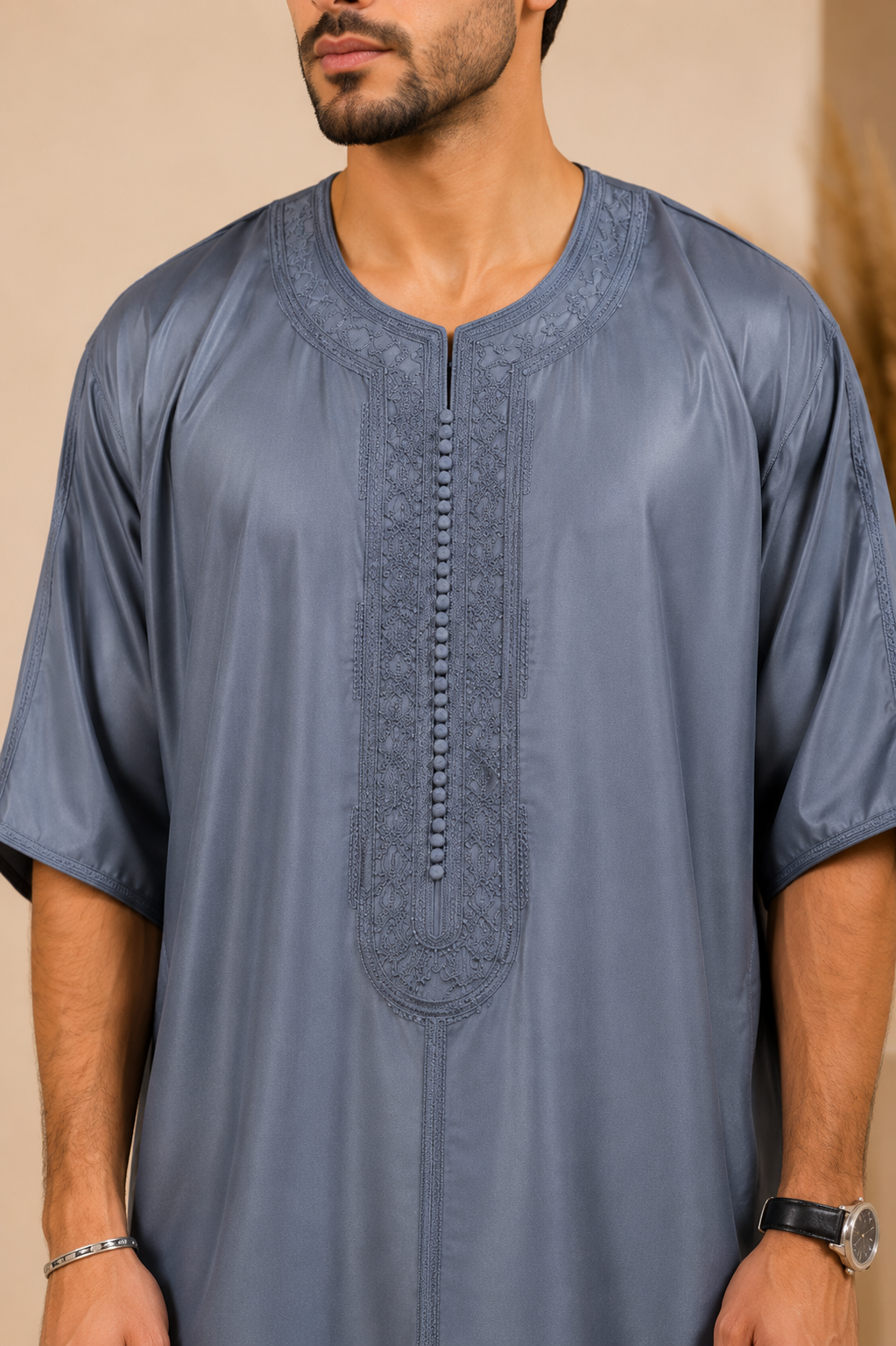 Platinum Moroccan Gandoura Double Embroidery | Slate Grey