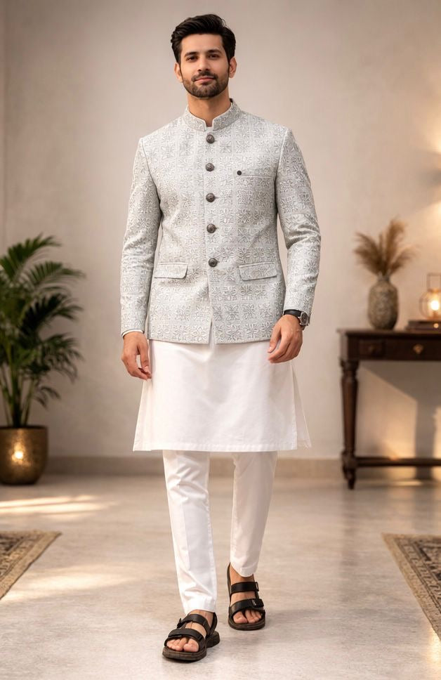 Premium Embroidered Pakistani Prince Coat| Silver Gray I Adult