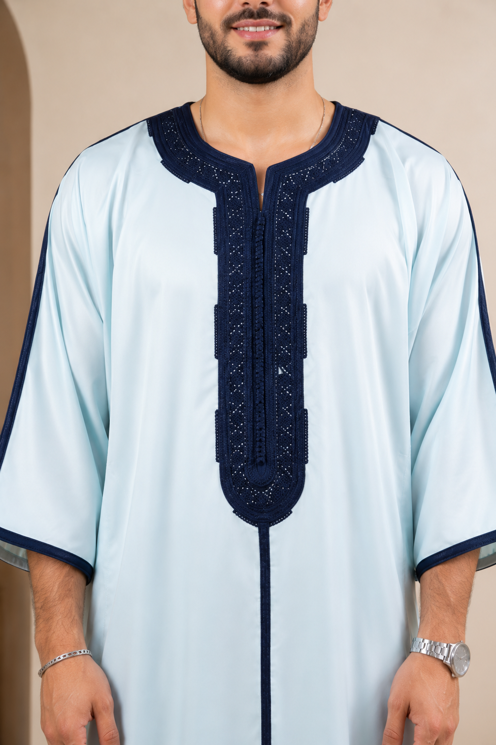 Platinum Moroccan Gandoura Double Embroidery | Light Blue & Navy
