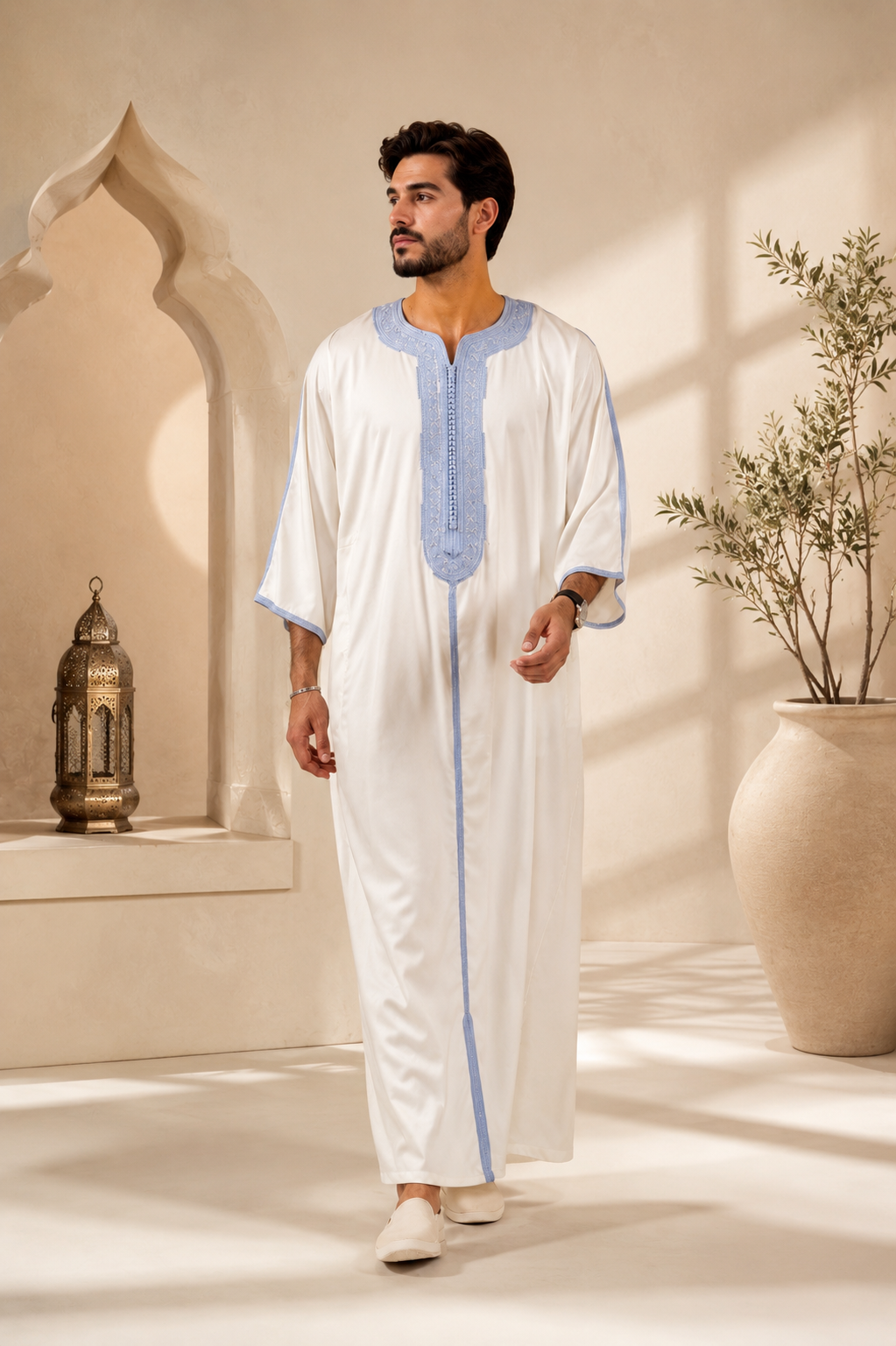 Platinum Moroccan Gandoura Double Embroidery | White & Blue