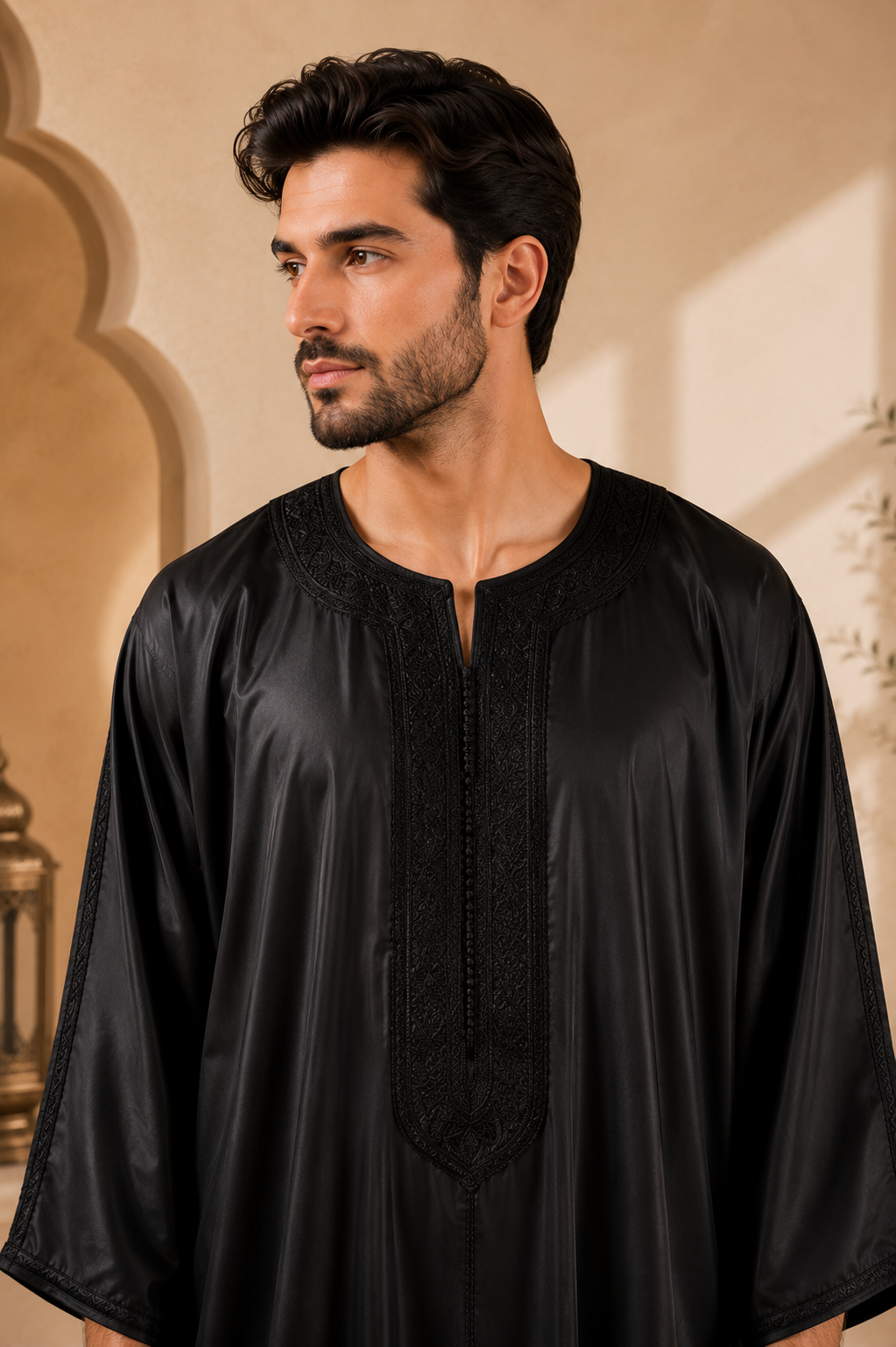 Platinum Moroccan Gandoura Double Embroidery | Black