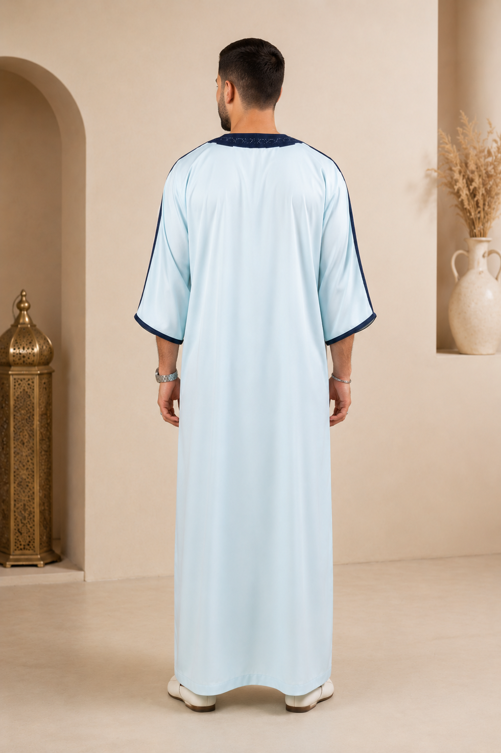 Platinum Moroccan Gandoura Double Embroidery | Light Blue & Navy