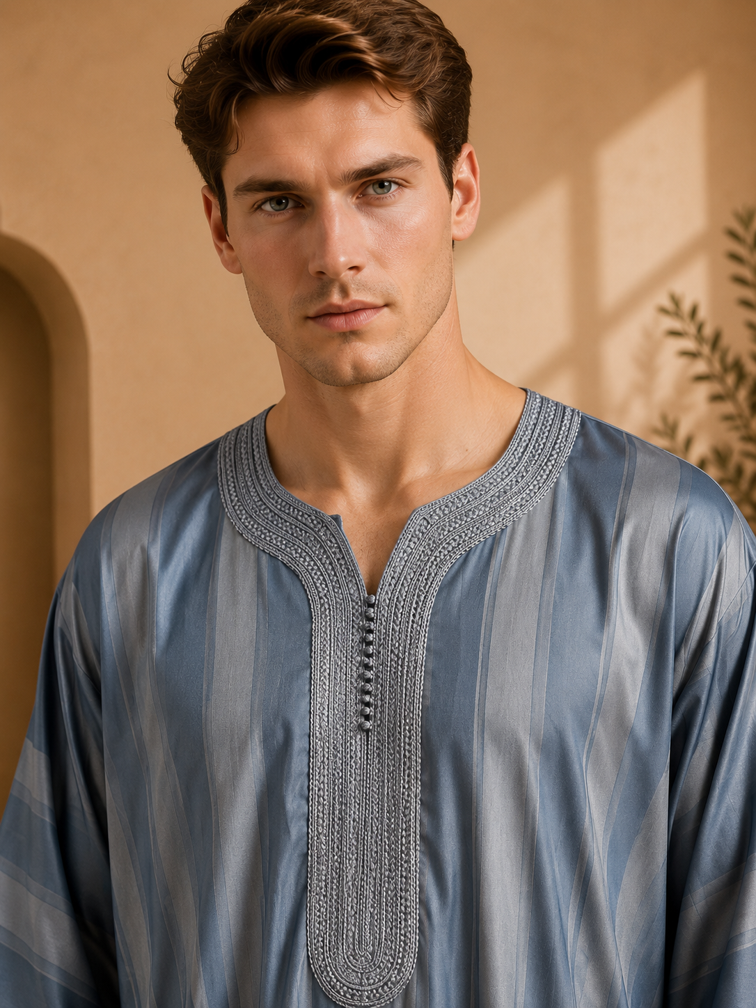Platinum Moroccan Gandoura Jawhara Striped | Metallic Blue