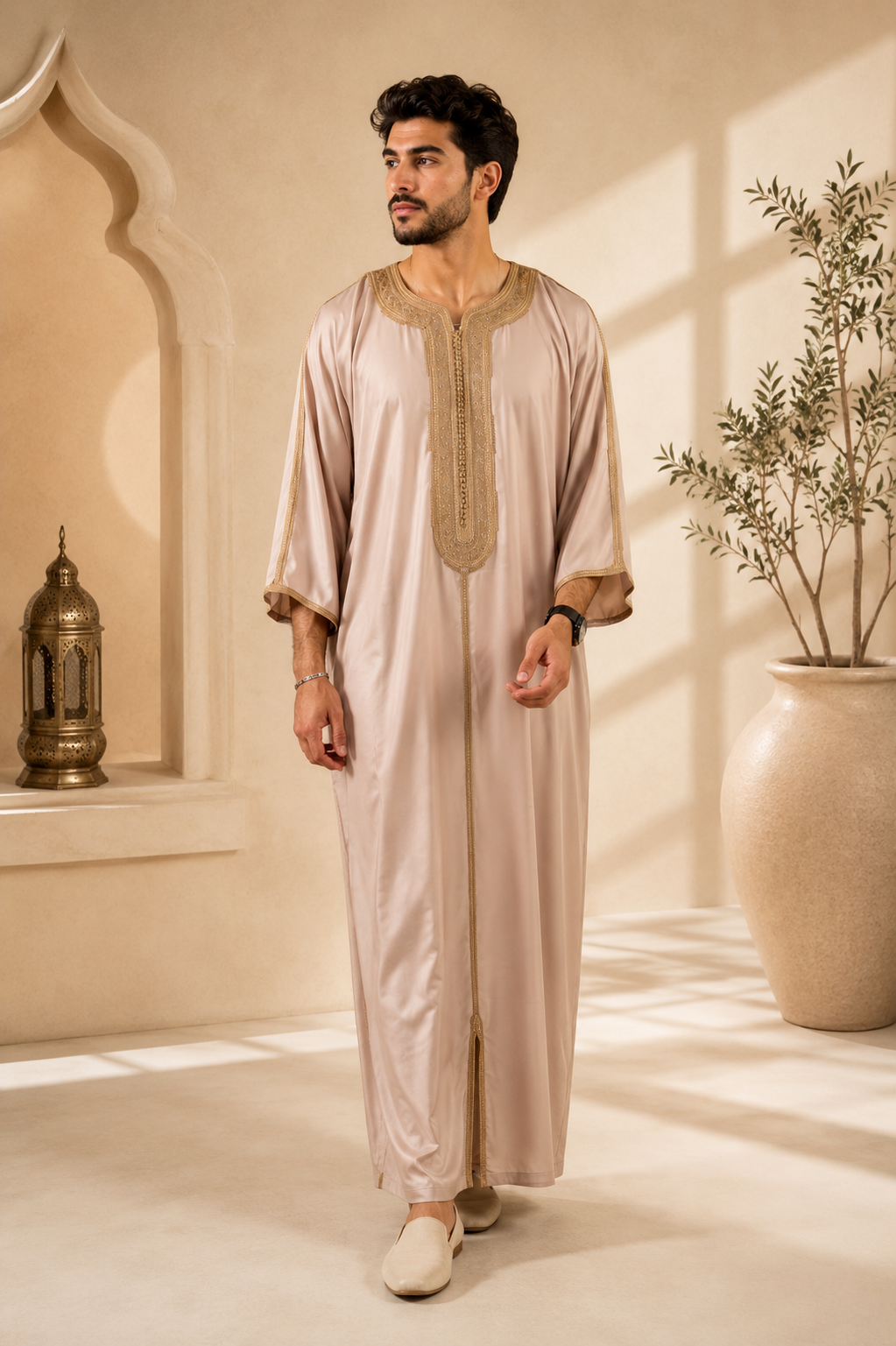 Platinum Moroccan Gandoura Double Embroidery | Champagne