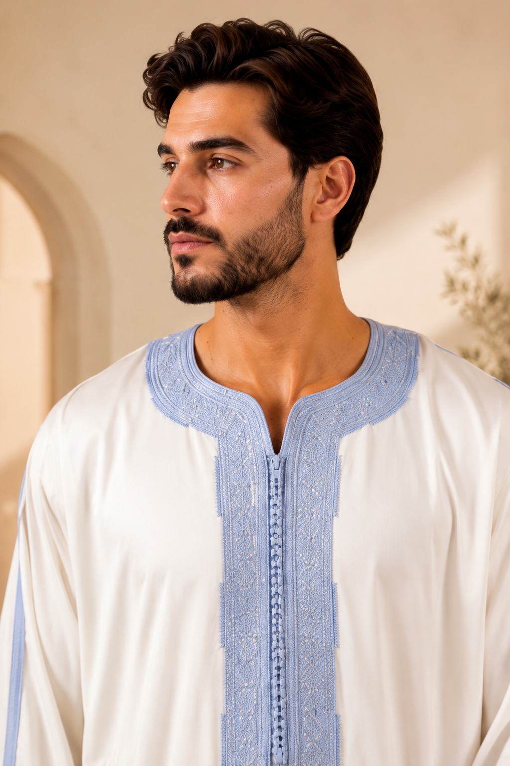 Platinum Moroccan Gandoura Double Embroidery | White & Blue