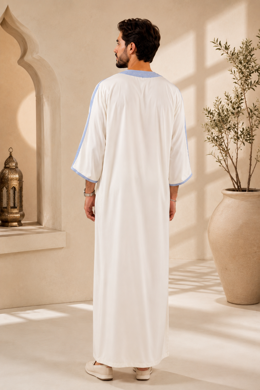 Platinum Moroccan Gandoura Double Embroidery | White & Blue