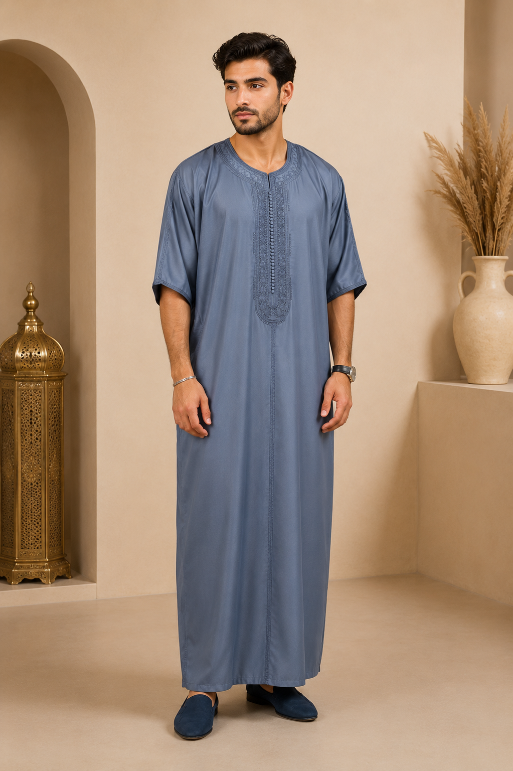 Platinum Moroccan Gandoura Double Embroidery | Slate Grey