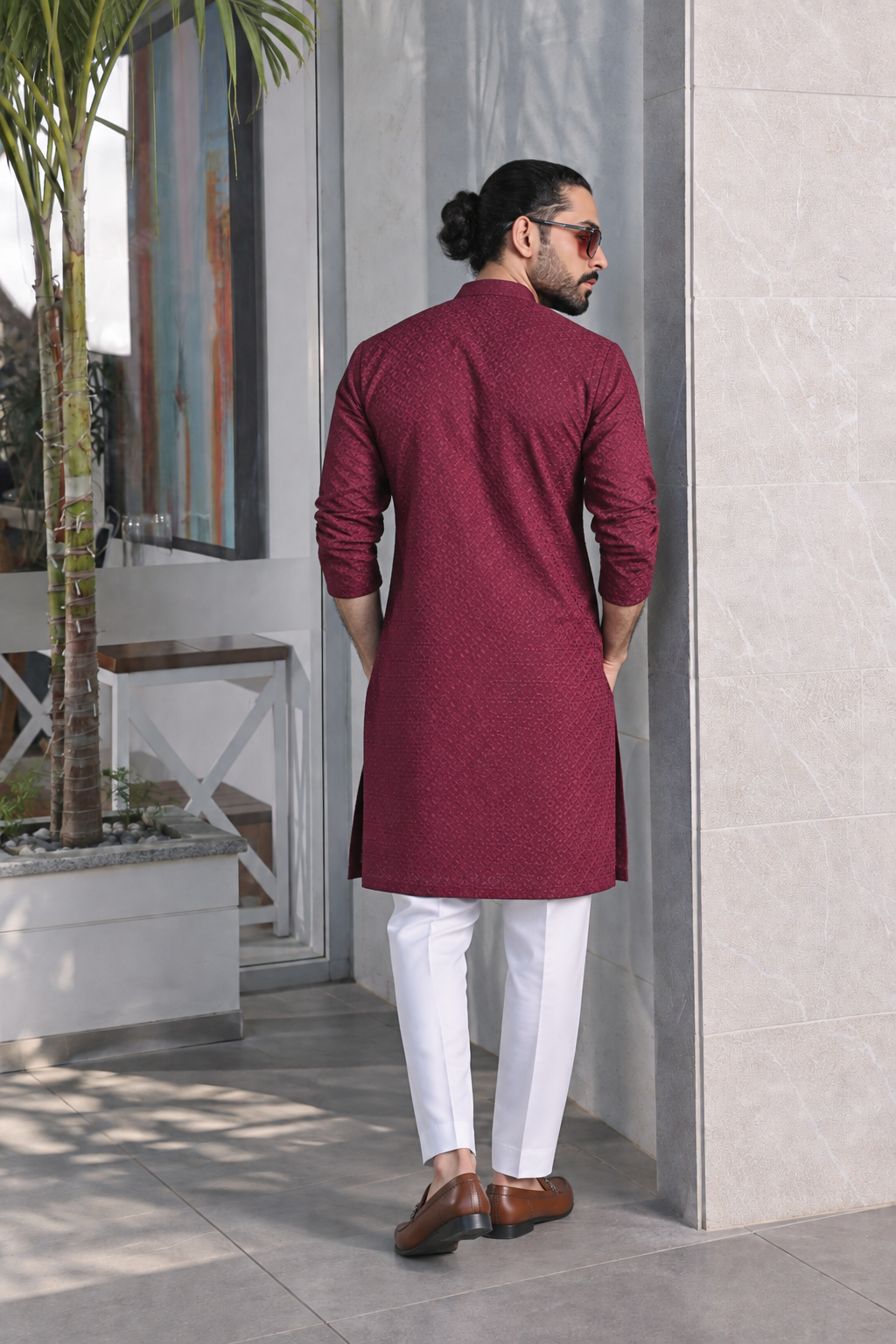 Back view of Platinum Maroon traditional Panjabi worn with white pajama trousers