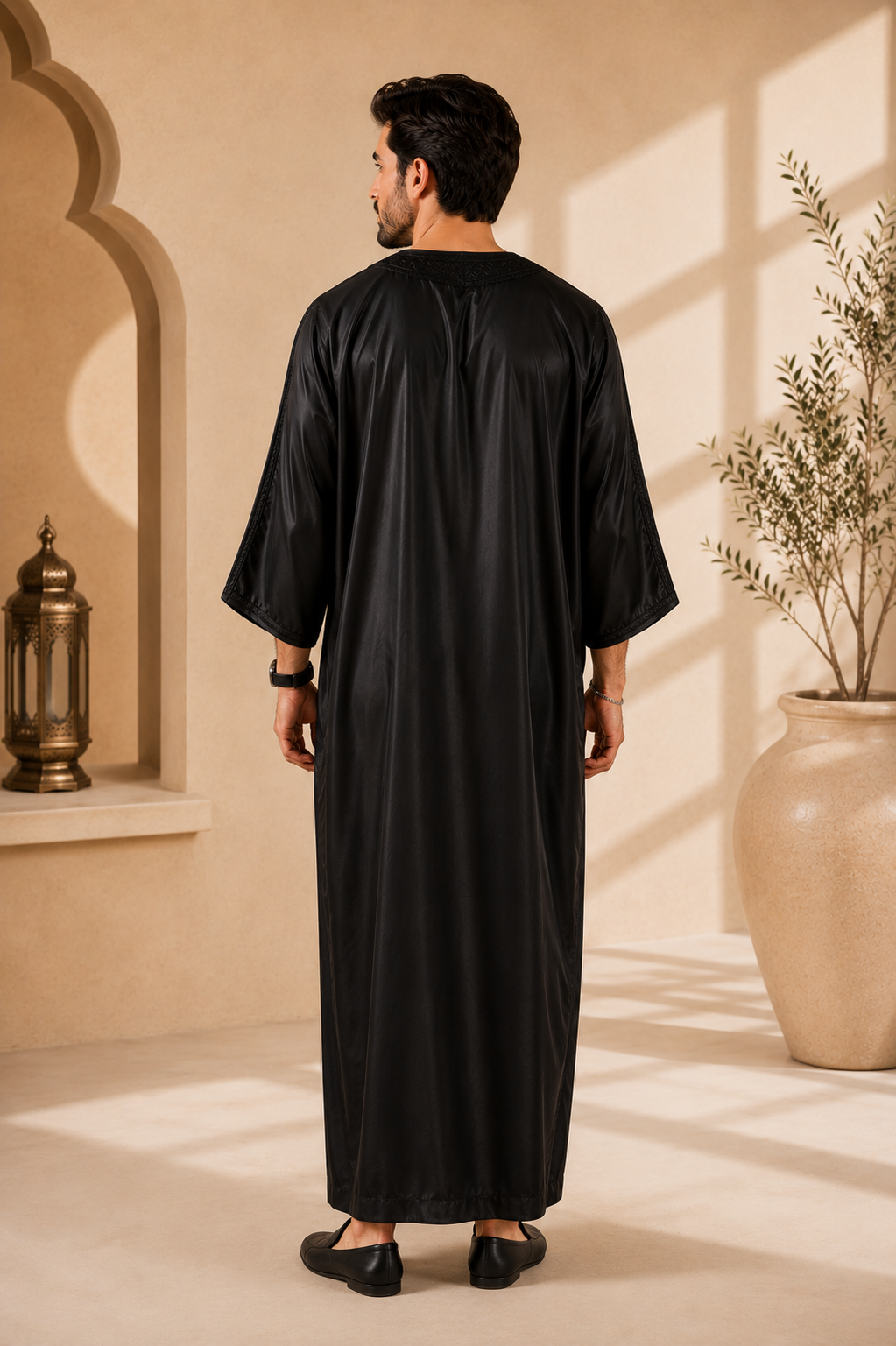 Platinum Moroccan Gandoura Double Embroidery | Black