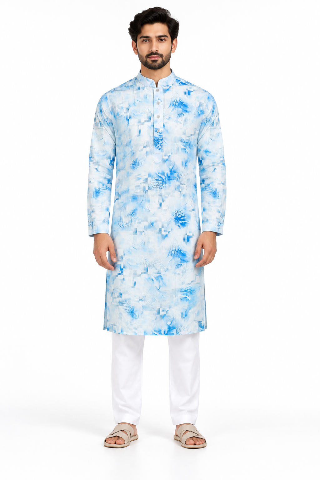 Premium Print Panjabi | Blue & White | Adult