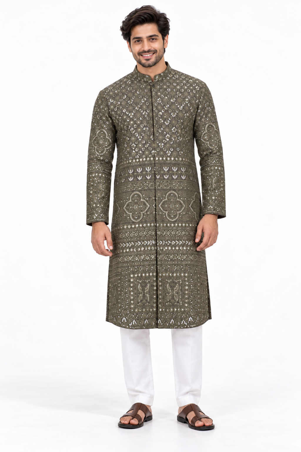 Pakistani Jacquard dark olive green | Father