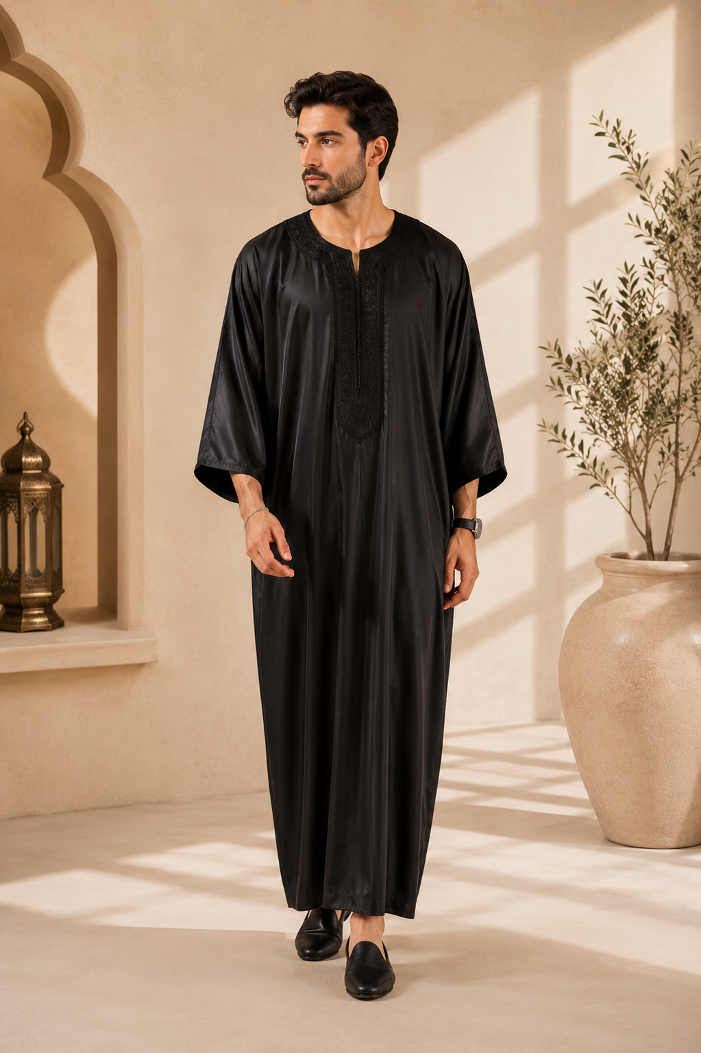 Platinum Moroccan Gandoura Double Embroidery | Black