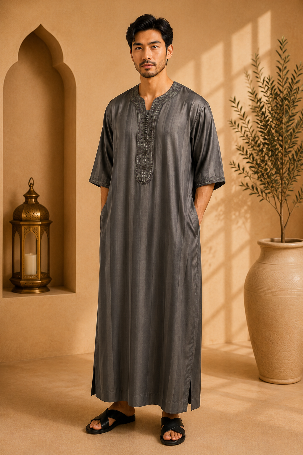 Platinum Moroccan Gandoura Jawhara Striped | Charcoal Gray