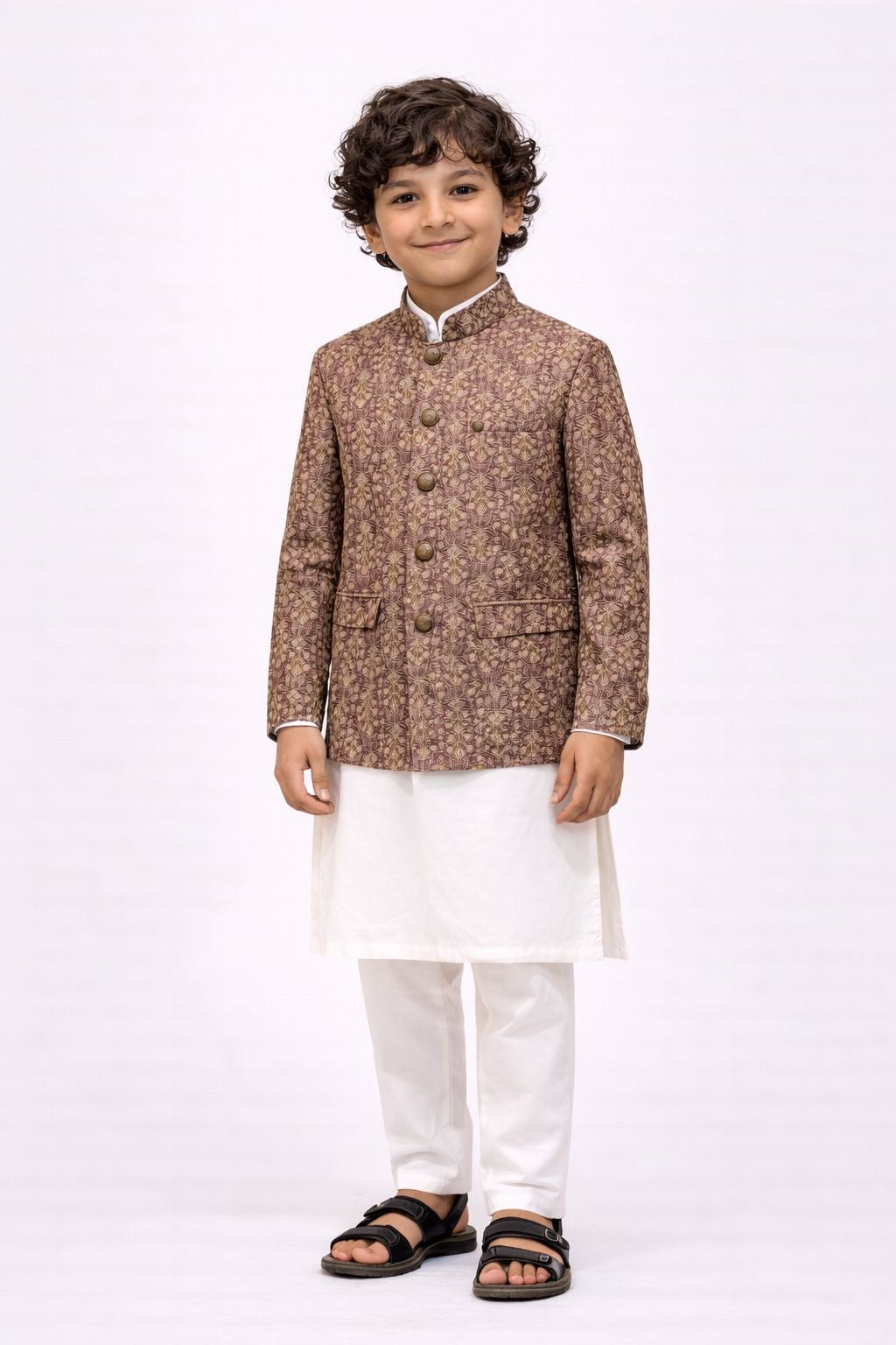 Premium Embroidered Pakistani Prince Coat| Brown I Kids