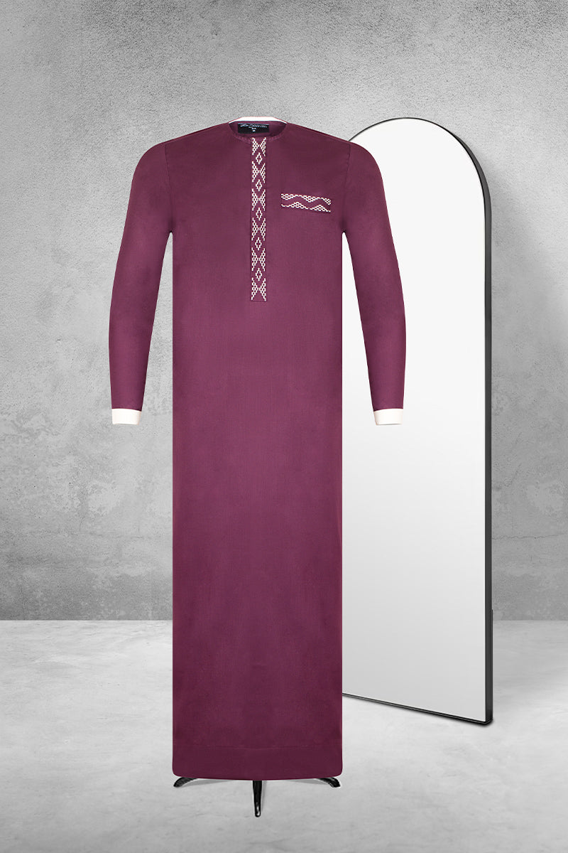 Maroon embroidered Emirati thobe with contrasting white neckline embroidery and cuffs, full front view