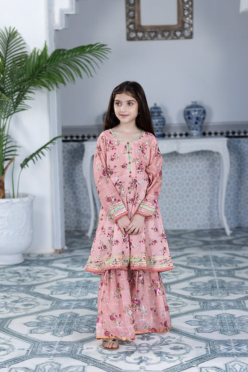 Mother Daughter Pink Floral Print Kurta with straight Shalwar & Dupatta